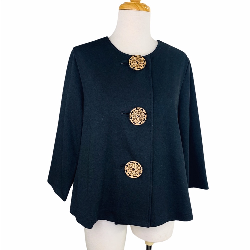 COLDWATER CREEK Vintage Swing Smock Blazer Top Black Small Carved Wood Buttons - Picture 9 of 9